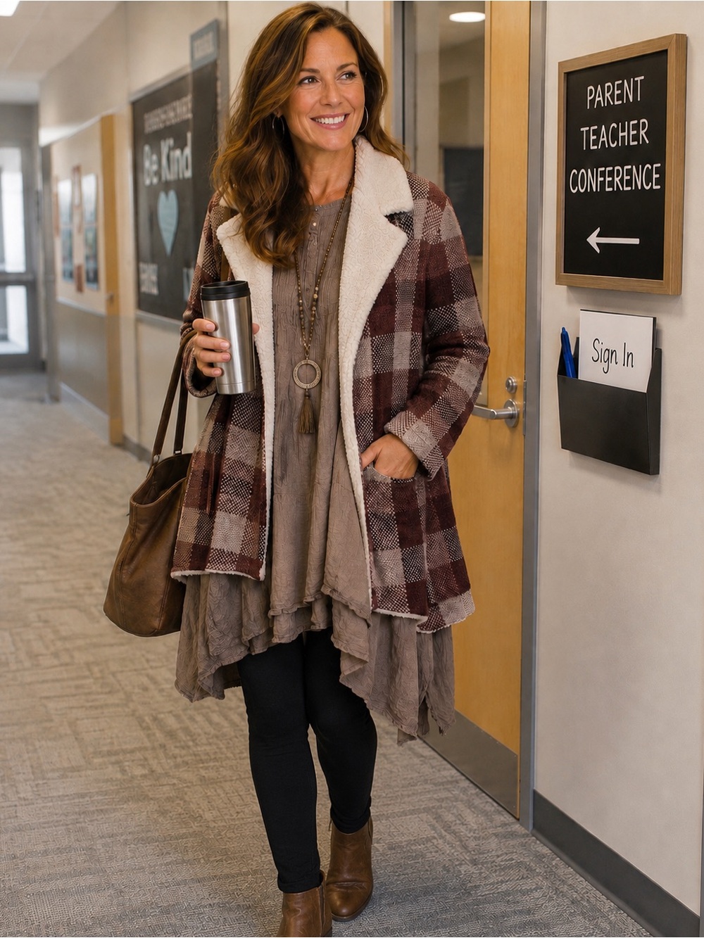 NWT Maroon buffalo check w/white Sherpa lined collar long cardigan size large.